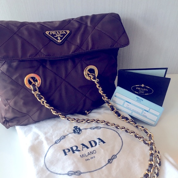 Prada Handbags - PRADA Nylon quilted brown gold hardware chain bag